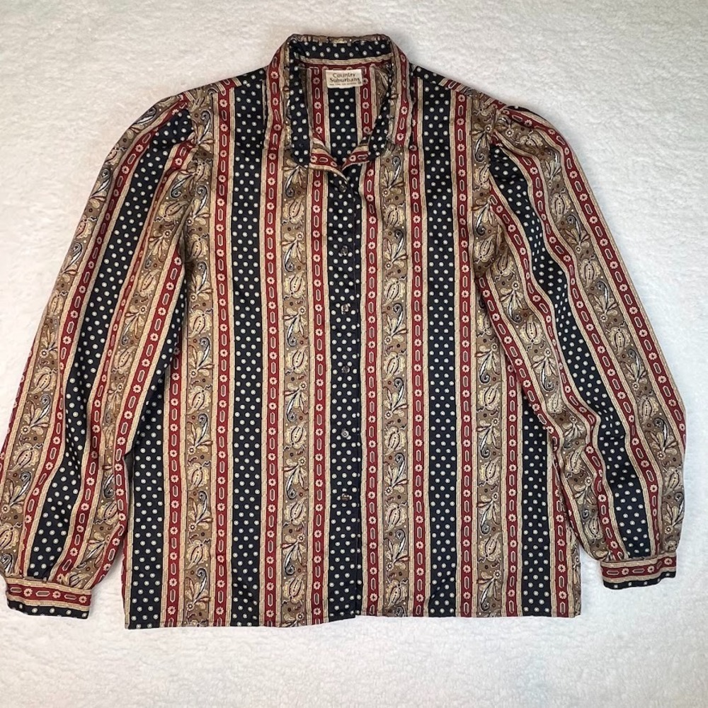 Vintage Country Suburbans Paisley Stripe Blouse Boho‎ Retro Button Shirt M Est